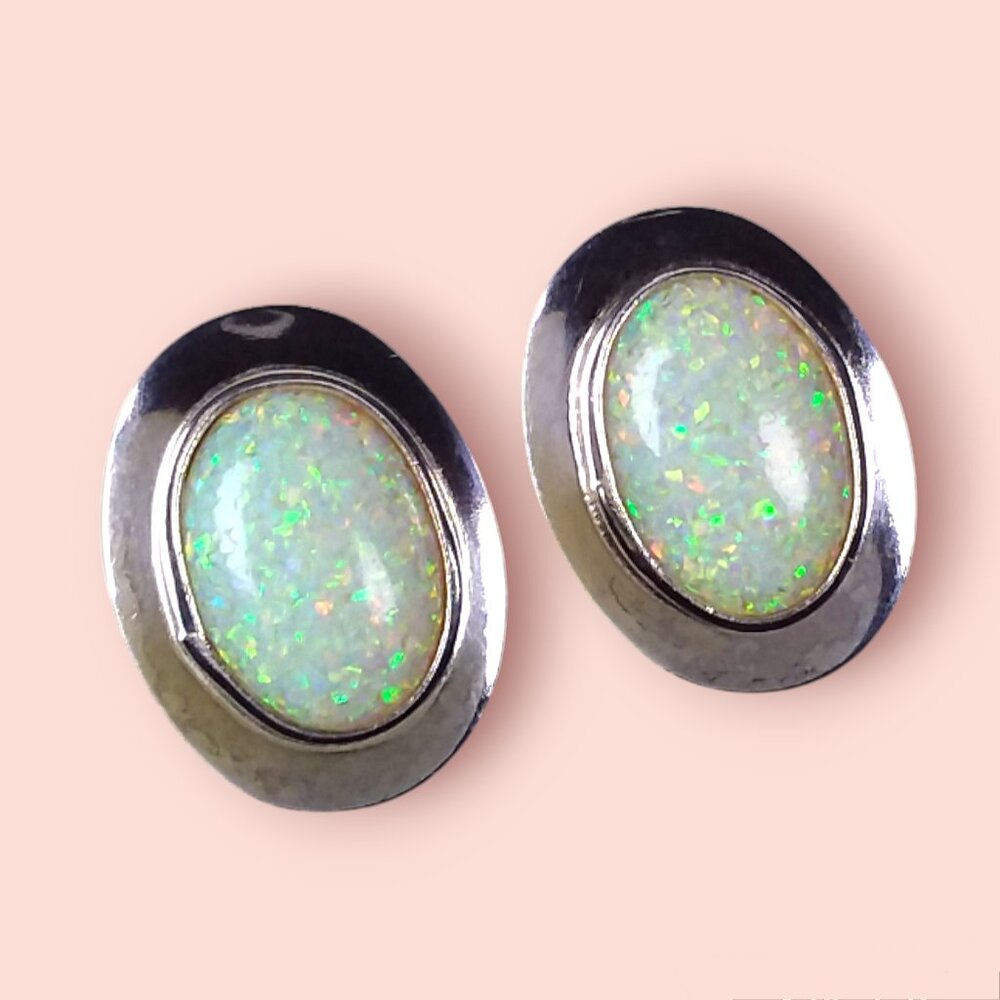 925 Sterling Silver Earrings White Fire Opal Post Stud Large October Birthstone